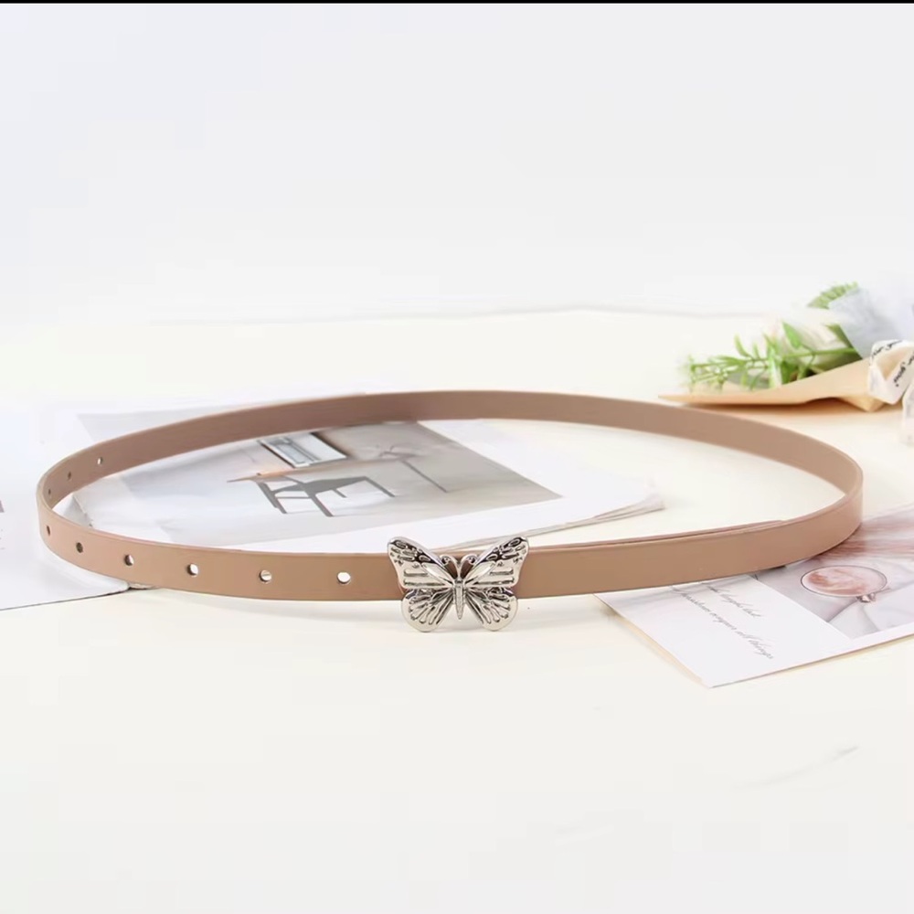 53. Butterfly Silver Buckle Tan thin belt